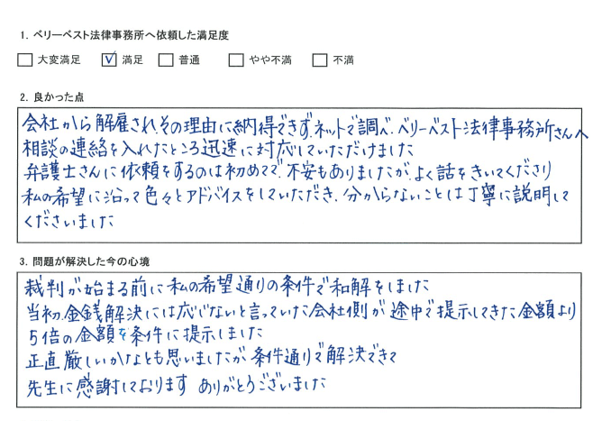 会社側が途中で提示してきた金額より5倍の金額で和解でき、感謝しております